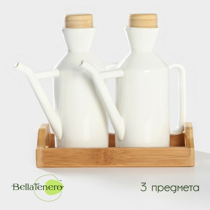 BellaTenero Ёмкости для соусов фарфоровые на подставке из бамбука BellaTenero, 3 предмета: 2 соусника 420 мл, подставка 17×7,2×17 см, цвет белый