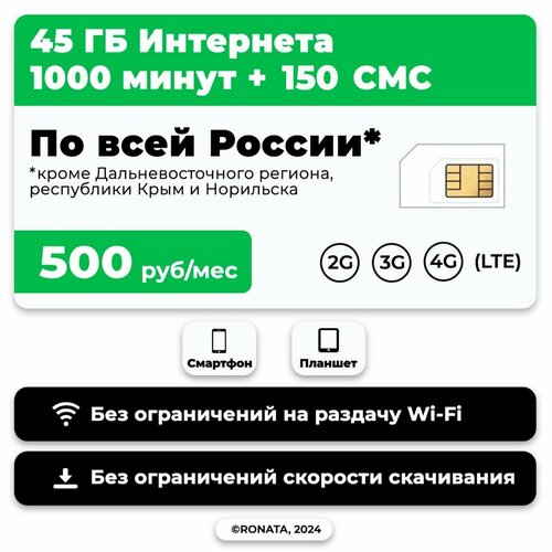 SIM-карта 1000 минут + 40 гб интернет 3G/4G + 150 СМС за 500 руб/мес (смартфон) + безлимит на мессенджеры (Москва и область)