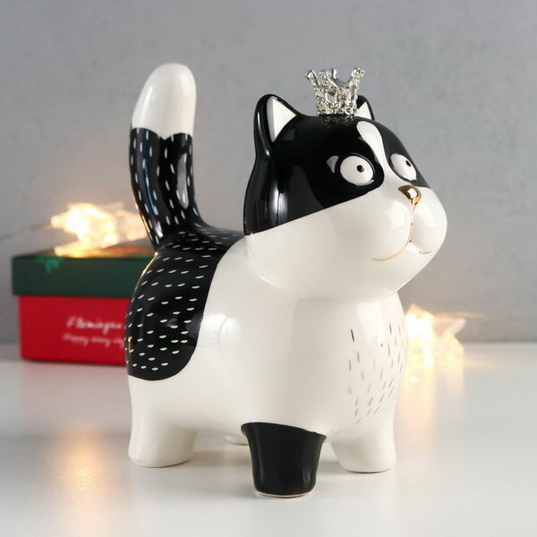 фото Сувенир керамика "Котик в короне" бело-чёрный с золотом 16.3х7.5х15 см