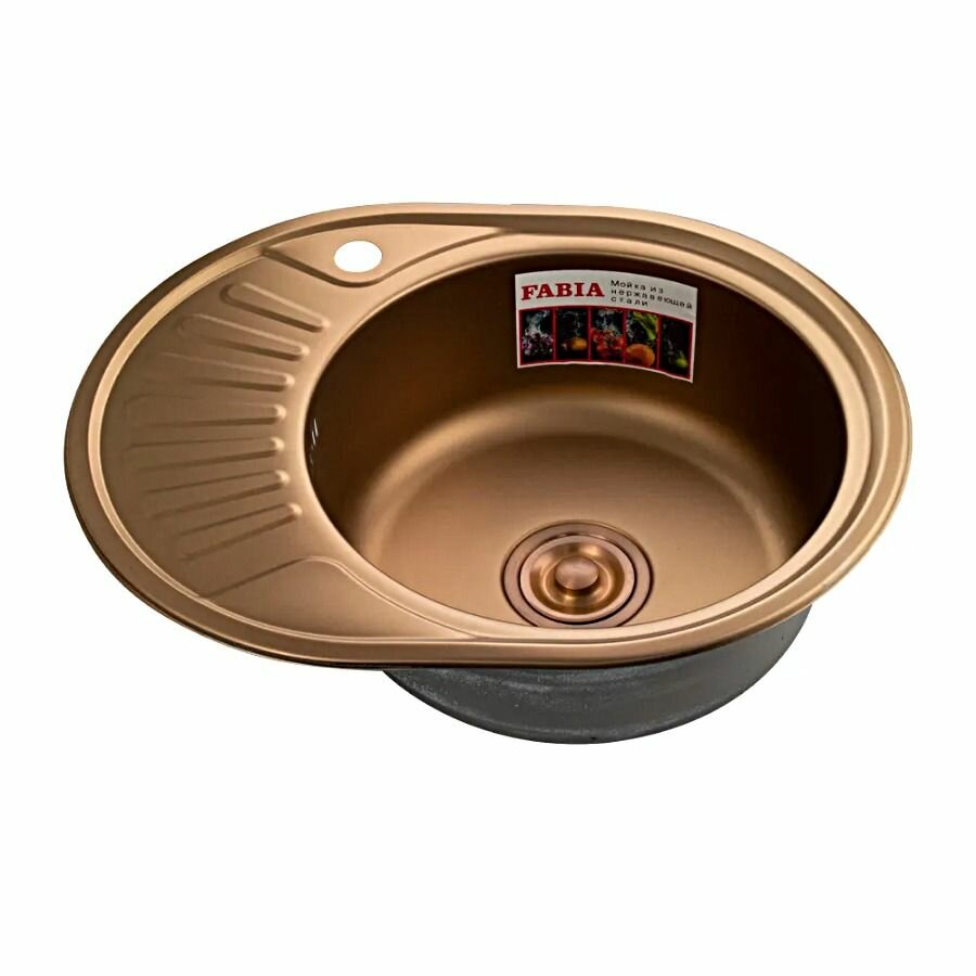 фото Мойка для кухни FABIA врезная 57х45 правая чаша толщ 0,8 глубина 180мм медь + сифон с переливом