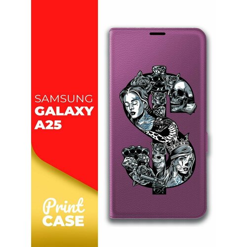 Чехол на Samsung Galaxy A25 (Самсунг Галакси А25) фиолетовый книжка эко-кожа подставка отделение для карт магнит Book case, Miuko (принт) Доллар тату чехол на samsung galaxy a25 самсунг галакси а25 фиолетовый книжка эко кожа подставка отделение для карт магнит book case miuko принт котик chill