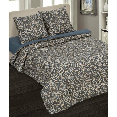 Постельное белье 1.5 спальное поплин, простынь на резинке, наволочки 70х70, 100 % хлопок, рис. Мадрид золотистый, размер 1.5, спальный