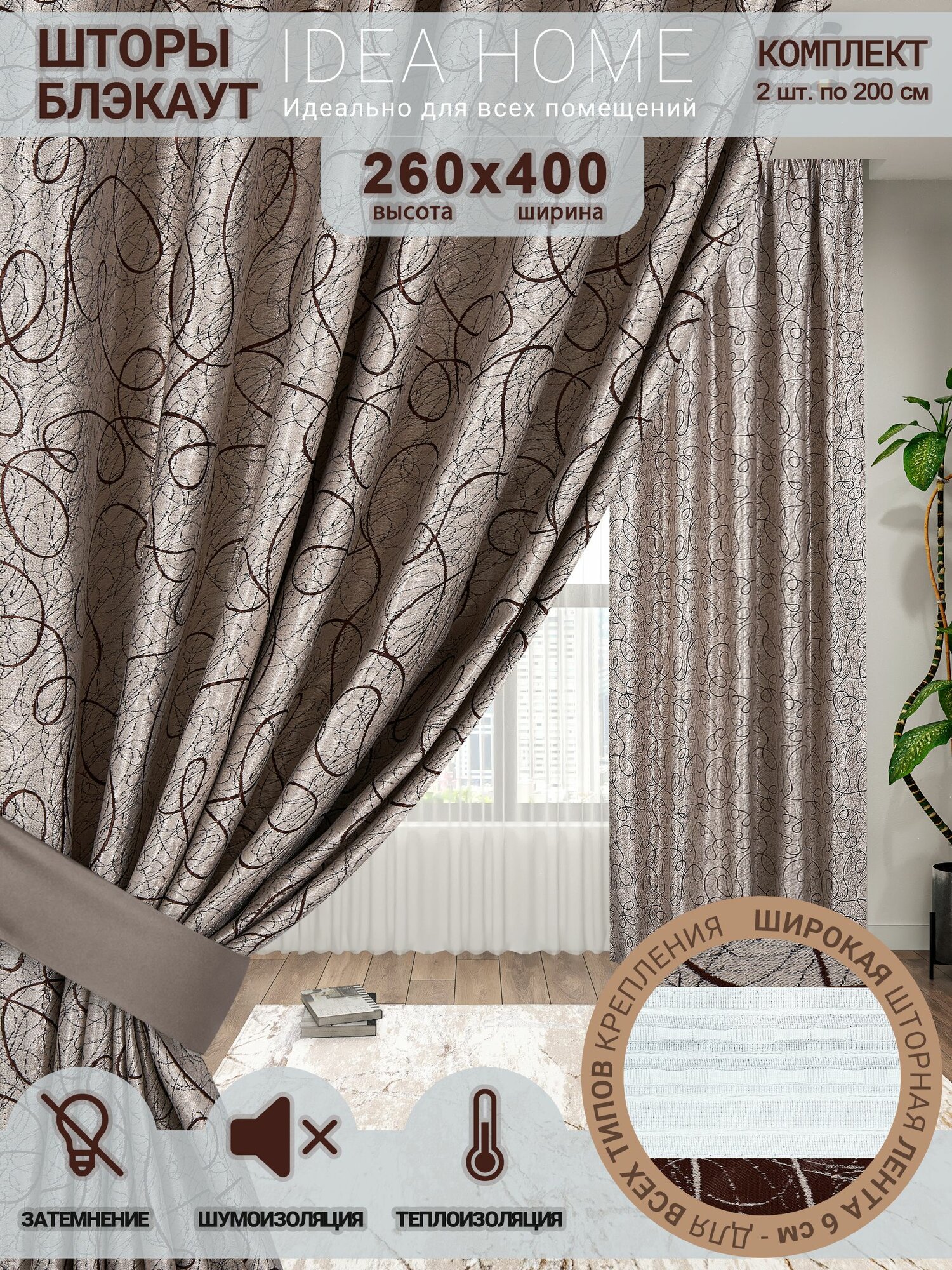 Комплект штор из 2 шт по 200 см блэкаут/ blackout IDEA HOME светозащитные для комнаты , кухни , спальни , гостиной и дачи 400*260 см , узор бежевый, паутинка
