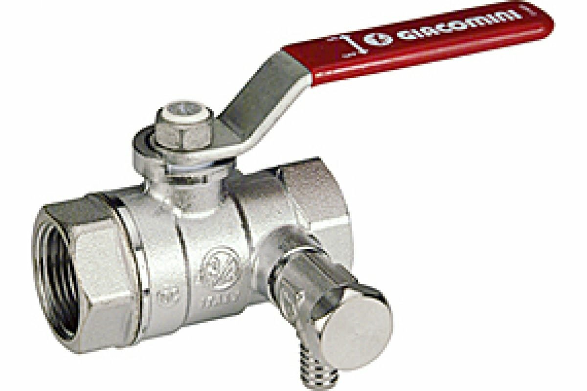фото GIACOMINI Кран шаровой R250DS 1/2" ВР/ВР Pу42, со сливным краном на 1/4", хромированный, с красным рычагом полнопроходной Giacomini