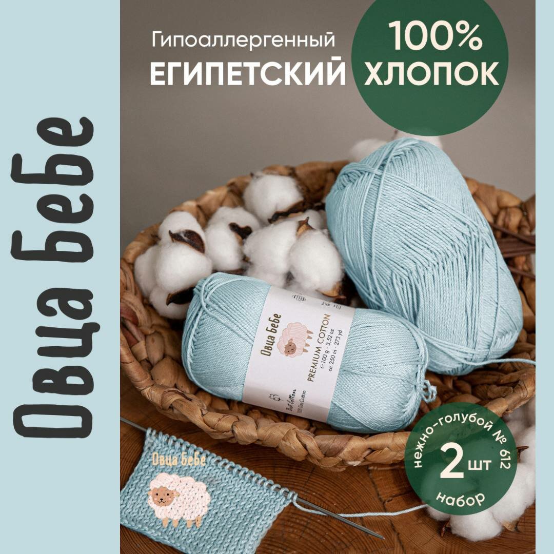 Пряжа для вязания Premium Cotton Giza, цвет нежно-голубой (набор из 2 шт), 100% хлопок