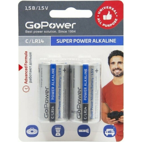 Батарейка GoPower (LR14, 2 шт.) (00-00017861) батарейка алкалиновая c baby lr14 gp super 20 шт