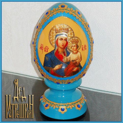 Пасхальное яйцо (деревянное), Озерянская икона Божией Матери, h19,5 см, синее яйцо пасхальное деревянное икона прибавление ума 13 см