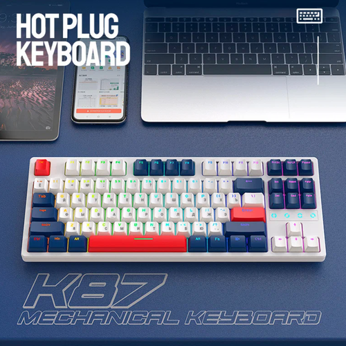 Клавиатура механическая русская Wolf K87 Ocean игровая с подсветкой + Hot Swap проводная для компьютера, ноутбука белый, черный, красный, синий