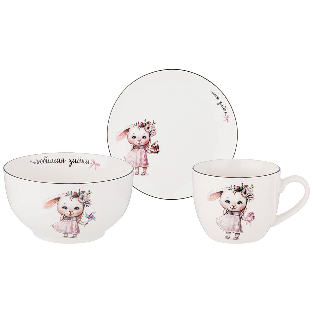 фото Набор посуды lefard моя зайка, 3 пр: салатник 470мл, тарелка 20см, кружка 220мл KSG-260-687-1