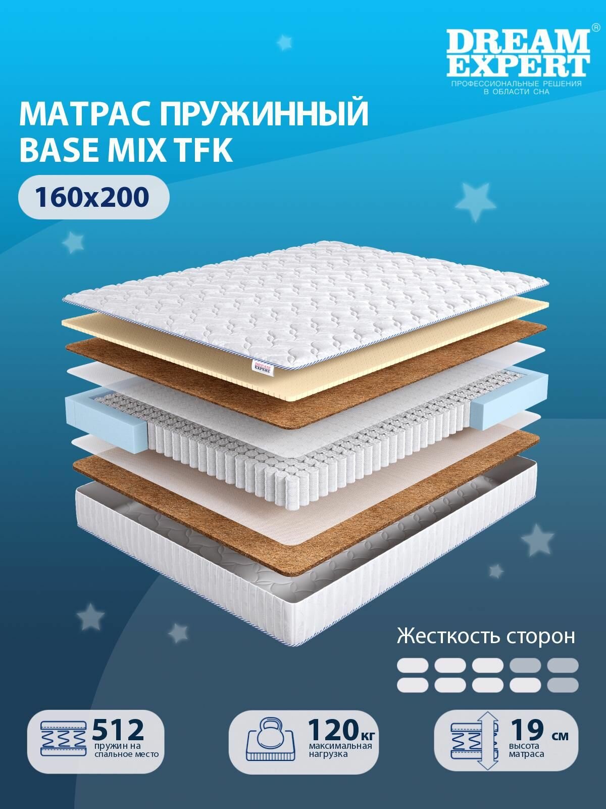 Матрас DreamExpert Base Mix TFK средней и выше средней жесткости, двуспальный, независимый пружинный блок, на кровать 160x200
