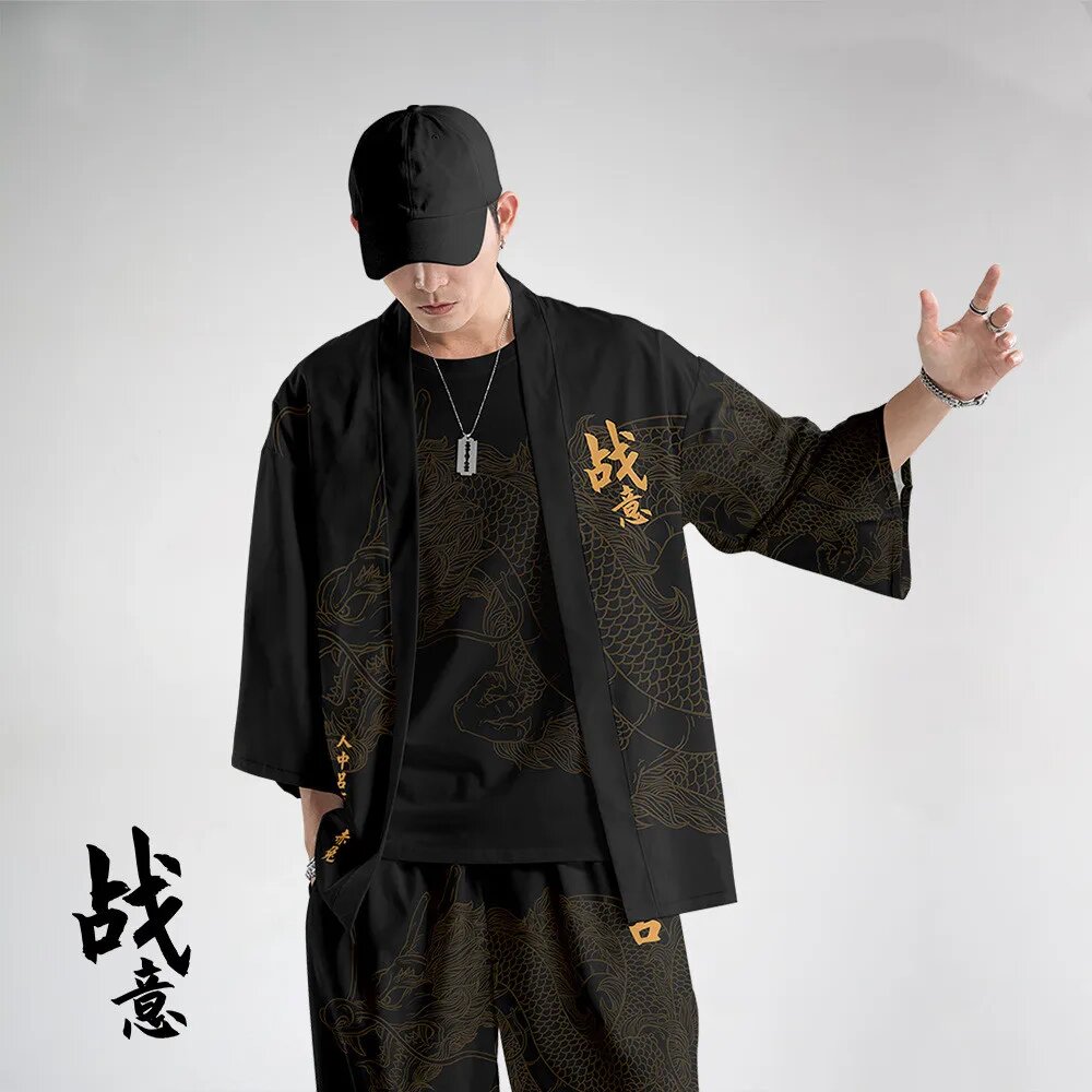 Мужское винтажное кимоно Haori с брюками, XXL, Черный, Мужской — фото 1
