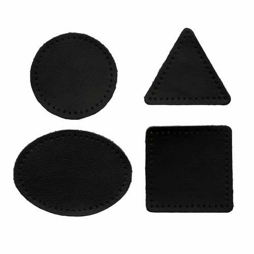 9723 Набор заплаток пришивных из кожи, круг, квадрат, треугольник, овал 6см, с перфорацией, 4шт/упак (01 черный)