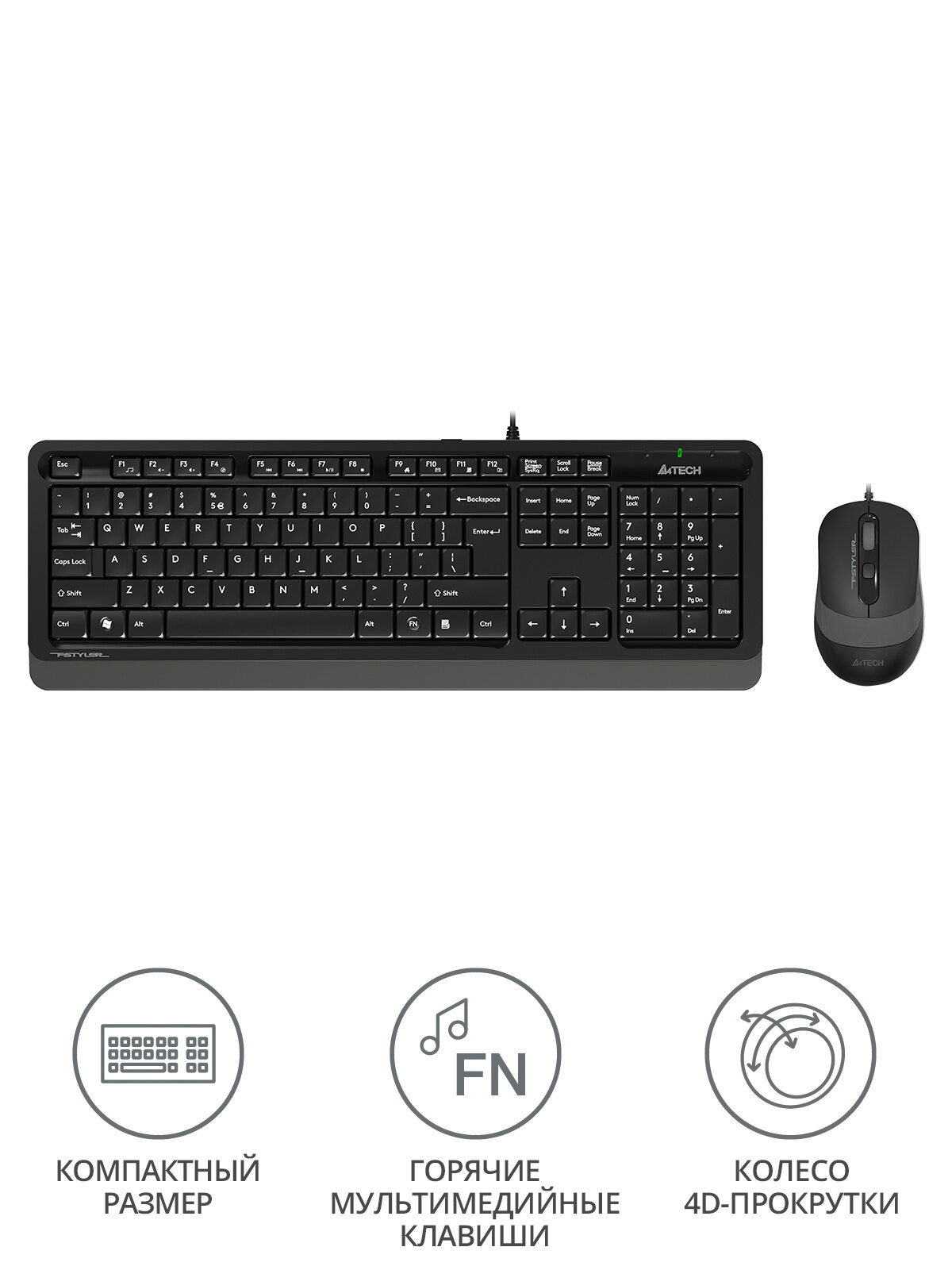Комплект (клавиатура+мышь) A4 Fstyler F1010, USB, проводной, черный и серый [f1010 grey] - фото №12