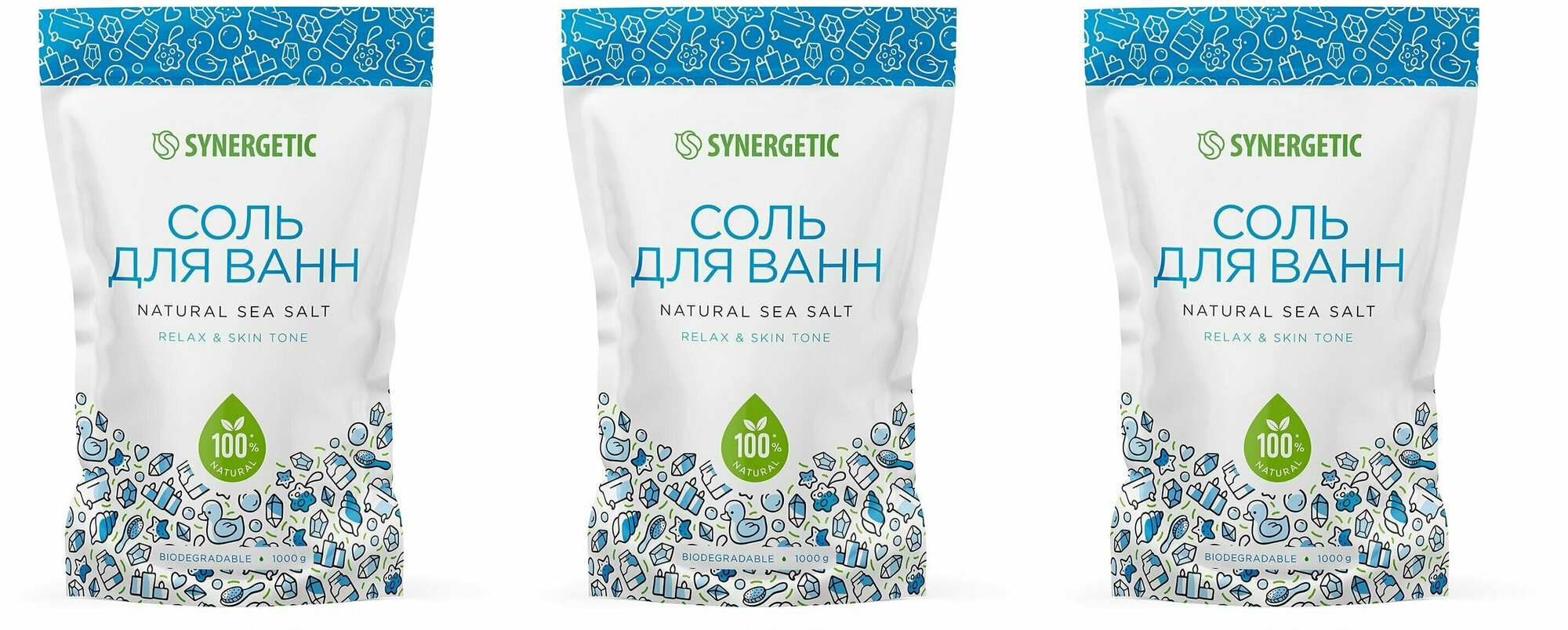Соль для ванн Synergetic Relax & Skin Tone, 1 кг, 3 шт.