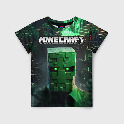 Детская футболка 3D Minecraft зеленый персонаж каменные джунгли, 170 см (15 лет), белый