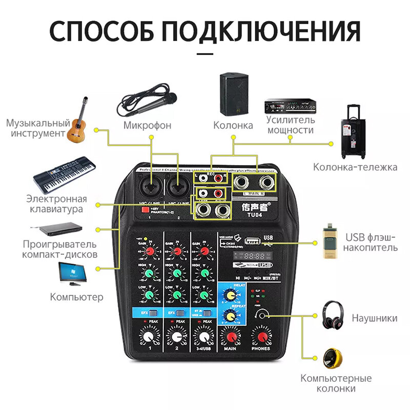 Микшерный пульт с эквалайзером Ground BT-154Z 4 канала, цифровой микшерный пульт