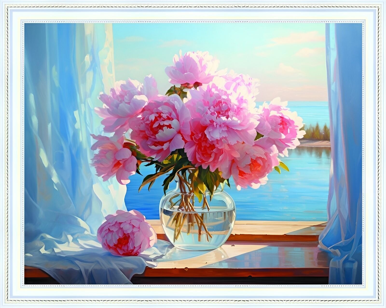 фото Алмазная мозаика на подрамнике 40*50 "Розовые пионы у окна"