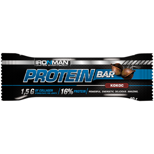 Батончик протеиновый IRONMAN Protein Bar Кокос, в темной глазури, с коллагеном, 50г батончик протеиновый ironman protein bar арахис карамель 50 г