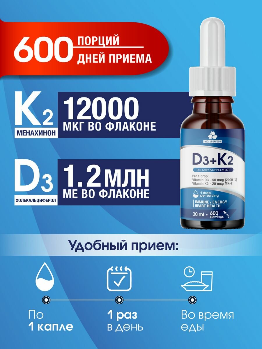Картинки Витамин д3, Д К2 2000 МЕ Miosuperfood 30 мл, для волос, ногтей, кожи и иммунитета