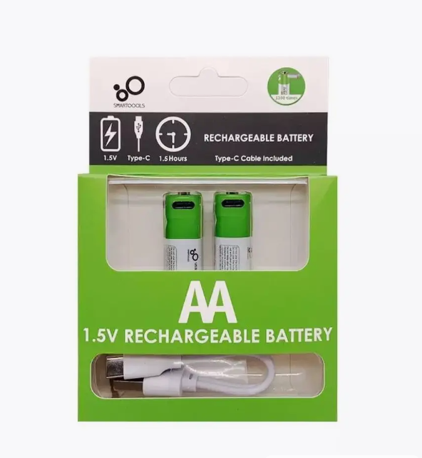 Аккумуляторные батарейки AA 1.5V 2600 mWh с USB type-C кабелем, перезаряжаемые аккумуляторы, 2 штуки