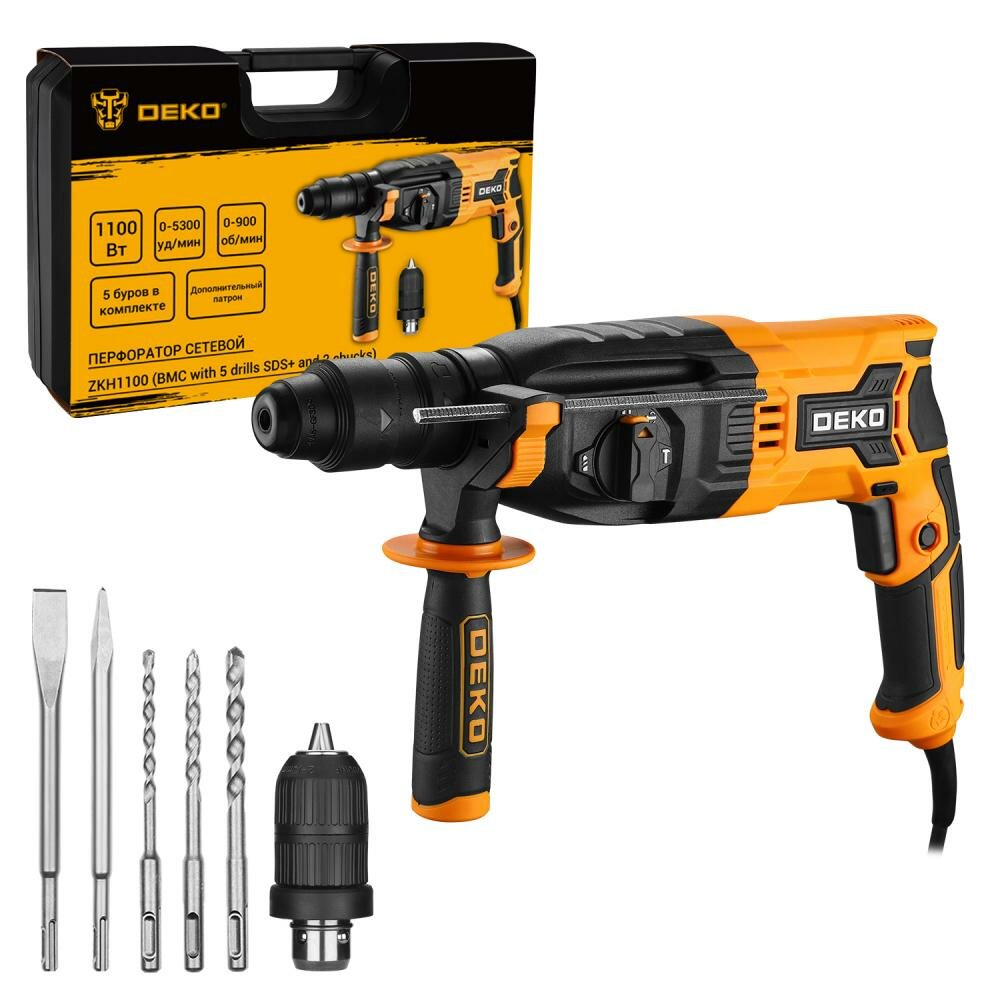 фото Перфоратор сетевой DEKO ZKH1100 в кейсе с набором из 5 буров SDS+ и дополнительным патроном 083-1008