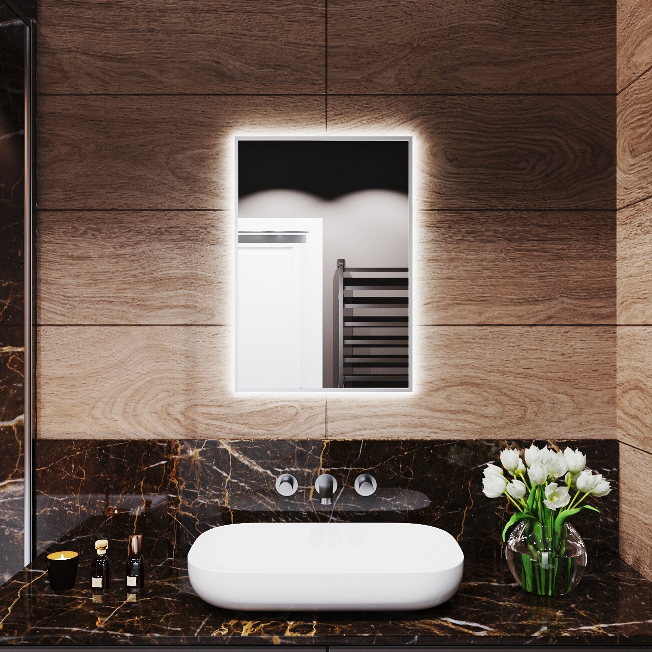 Зеркало с подсветкой в алюминиевой раме настенное Market-house 60х40 см. Свет: Нейтральный белый 6000К. Серебро