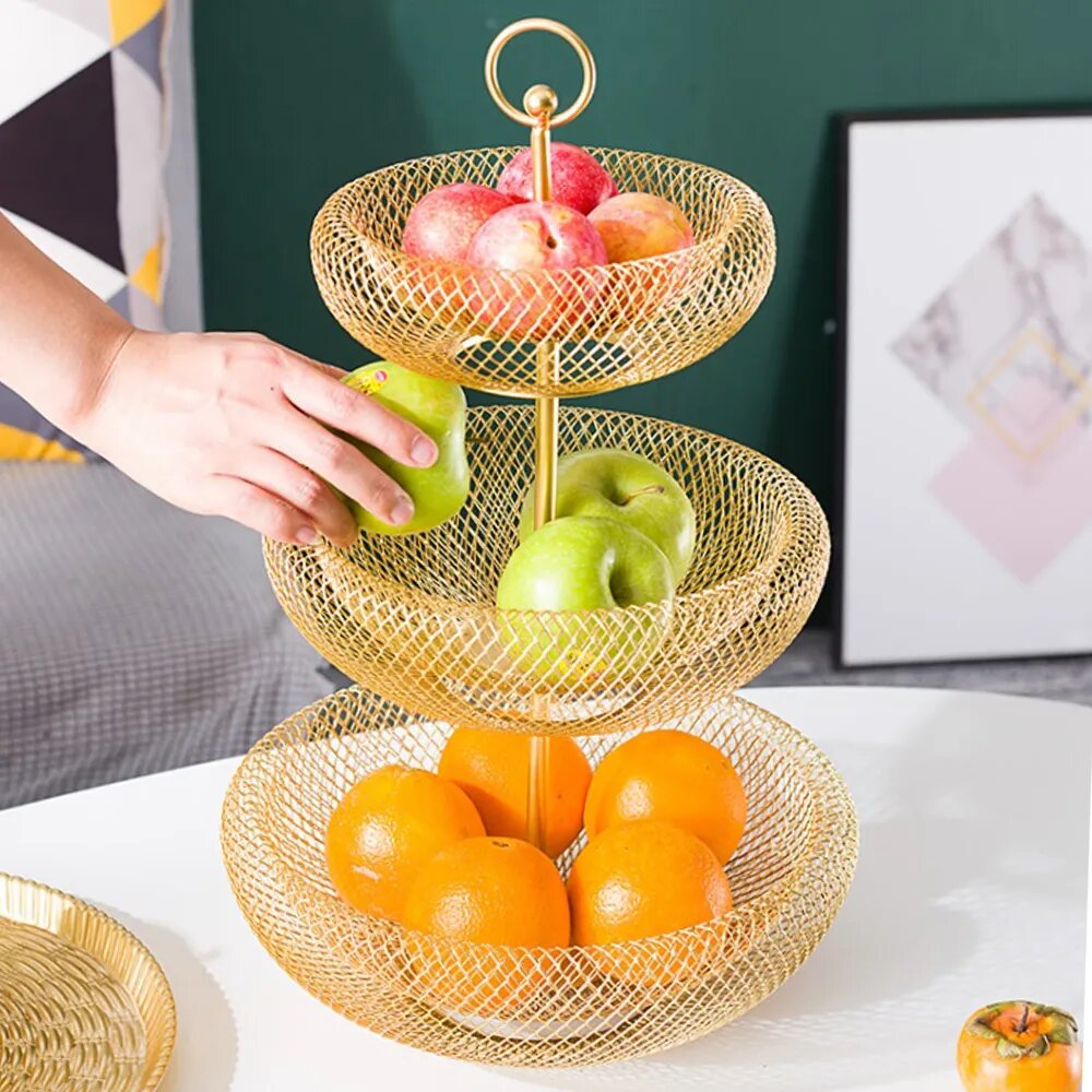 фото Фруктовница металлическая 3х ярусная / Трёхъярусная этажерка ваза для фруктов печенья и конфет