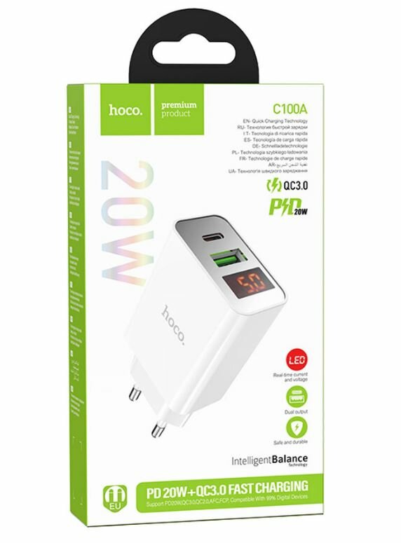 Блок питания сетевой 1 USB, Type-C HOCO C100A, 20Вт, QC3.0, PD, белый