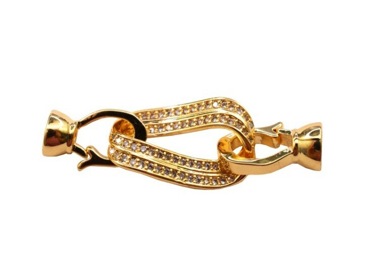 Замок с концевиками, 40х12х7мм, внутренний диаметр 5мм, цвет золото, латунь/цирконий, 18k позолота, 08-128, 1шт