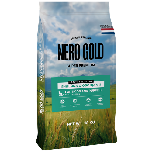 Сухой корм NERO GOLD super premium для собак и щенков всех возрастов с мясом индейки и овощами, DIGESTION (18 кг)