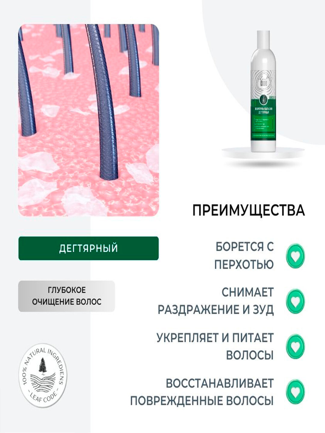 Шампунь LEAF CODE, дегтярный, от перхоти, для жирных волос, 250мл — фото 1