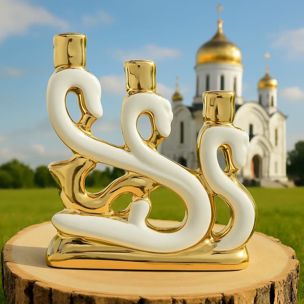 Подсвечник церковный для 3 свечей, керамический, Волна, белый