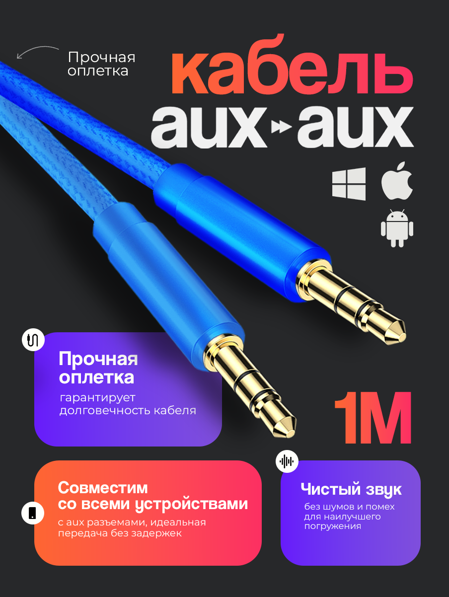 Акустический кабель AUX mini jack 3.5 mm 1 метр аукс в машину шнур для колонок в автомобиль для усилителя синий