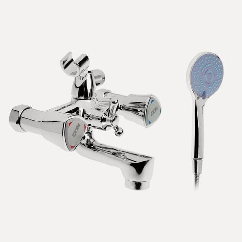 Изображение товара Смеситель для ванны ZEIN Z3727, двухвентильный, излив 10 см, лейка 3 режима, хром