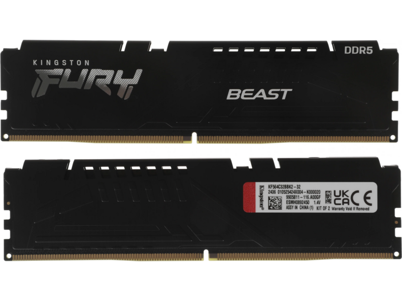 Память DDR5 2x16GB 6400MHz KF564C32BBK2-32 Fury Beast RTL Gaming PC5-51200 CL32 DIMM 288-pin 1.4в kit single rank с радиатором Ret