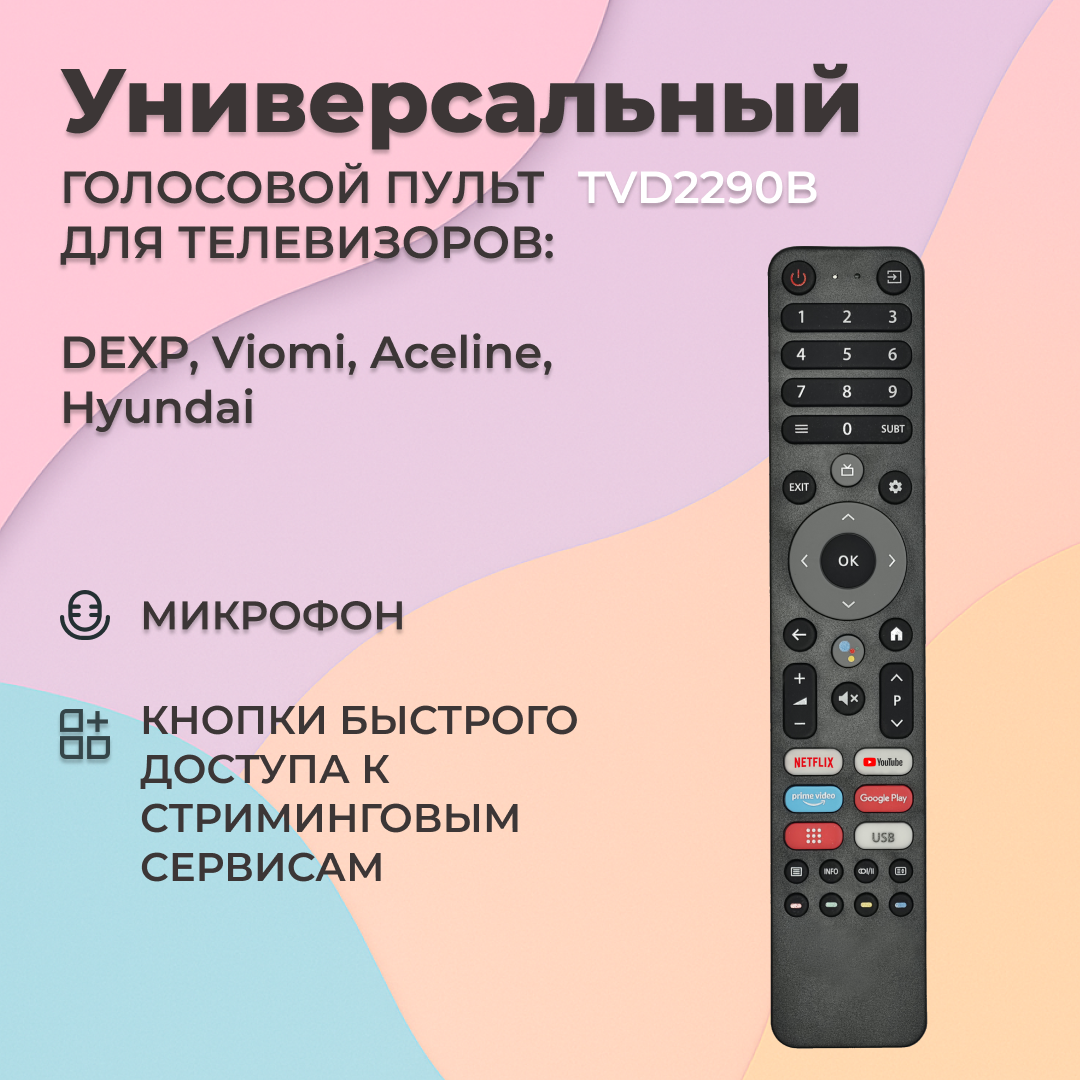 Пульт голосовой TVD2290B для телевизоров DEXP, Viomi, Aceline