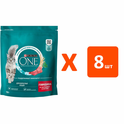 PURINA ONE для взрослых кошек с говядиной и злаками (0,75 кг х 8 шт)