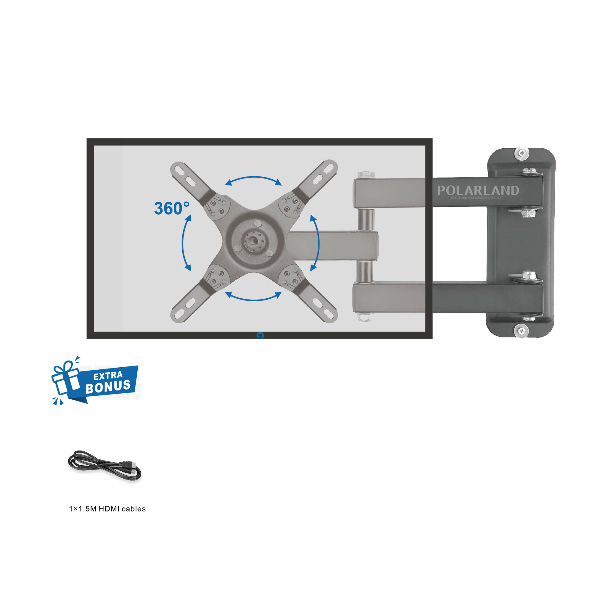 Астенный кронштейн для телевизора POLARLAND 10"-43" с наклоном и поворотом, черный PFM43/ до 20 кг / Кронштейн для телевизора / С 1 кабелем HDMI