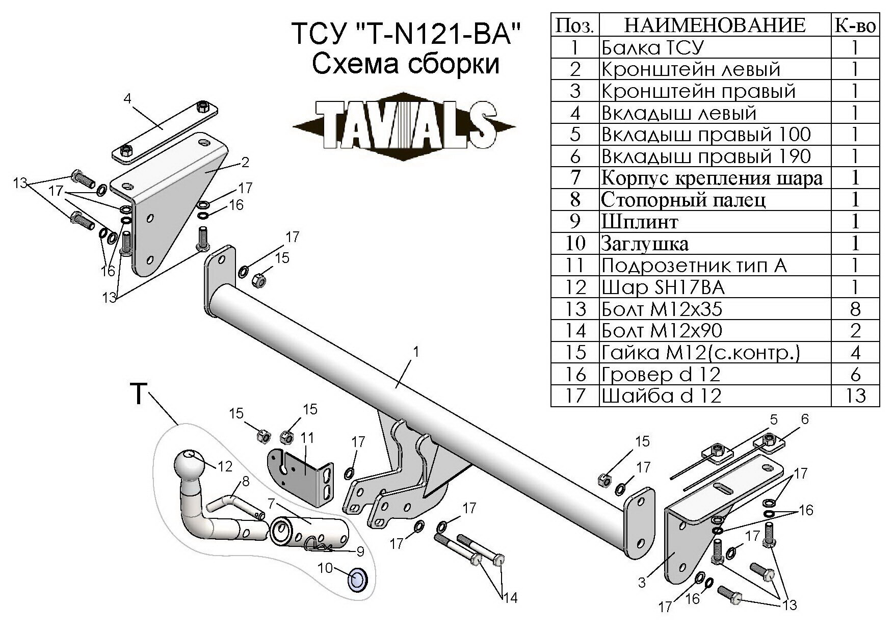 Фаркоп(прицепное) Tavials для NISSAN QASHQAI, +2 (J10/J11) 2008-2014, 2014- (С быстросъемным шаром)(паспорт и сертификат в комплекте)(без электрики)T-N121-BA