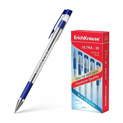 Ручка шариковая ErichKrause, узел-игла 0.7 мм, чернила синие, резиновый упор, 12 шт.
