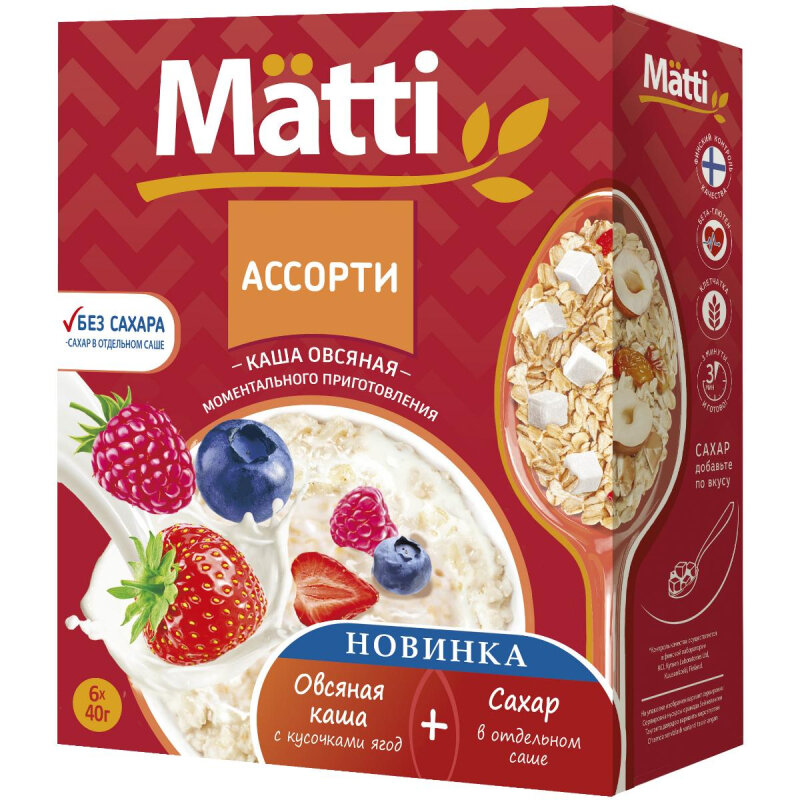 Каша овсяная Matti Ассорти, 40гх6шт/уп