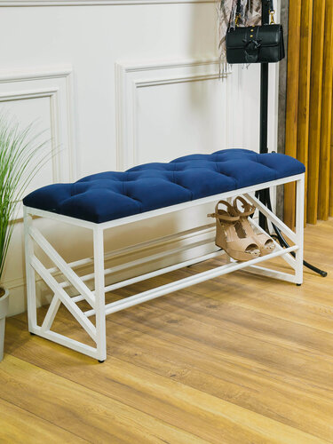 Изображение товара Прочная обувница с мягким сиденьем и полкой для обуви, текстиль, синяя, 97х36х47