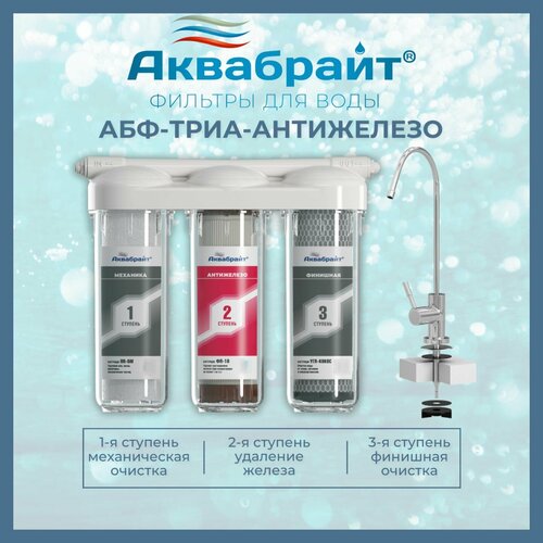 Фильтр под мойку Аквабрайт АБФ триа антижелезо для очистки воды трехступенчатый комплект картриджей аквабрайт угп 10 и фп 10 удаление железа