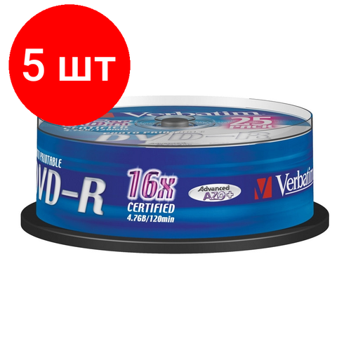 комплект 5 упаковок носители информации dvd r printable 16x mirex cake 10 ul130028a1l Комплект 5 упаковок, Носители информации DVD-R Printable, 16x, Verbatim Azo Wide, Cake/25, 43538