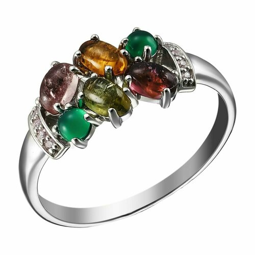 Перстень UVI, серебро, 925 проба, агат, турмалин, фианит, красный, зеленый