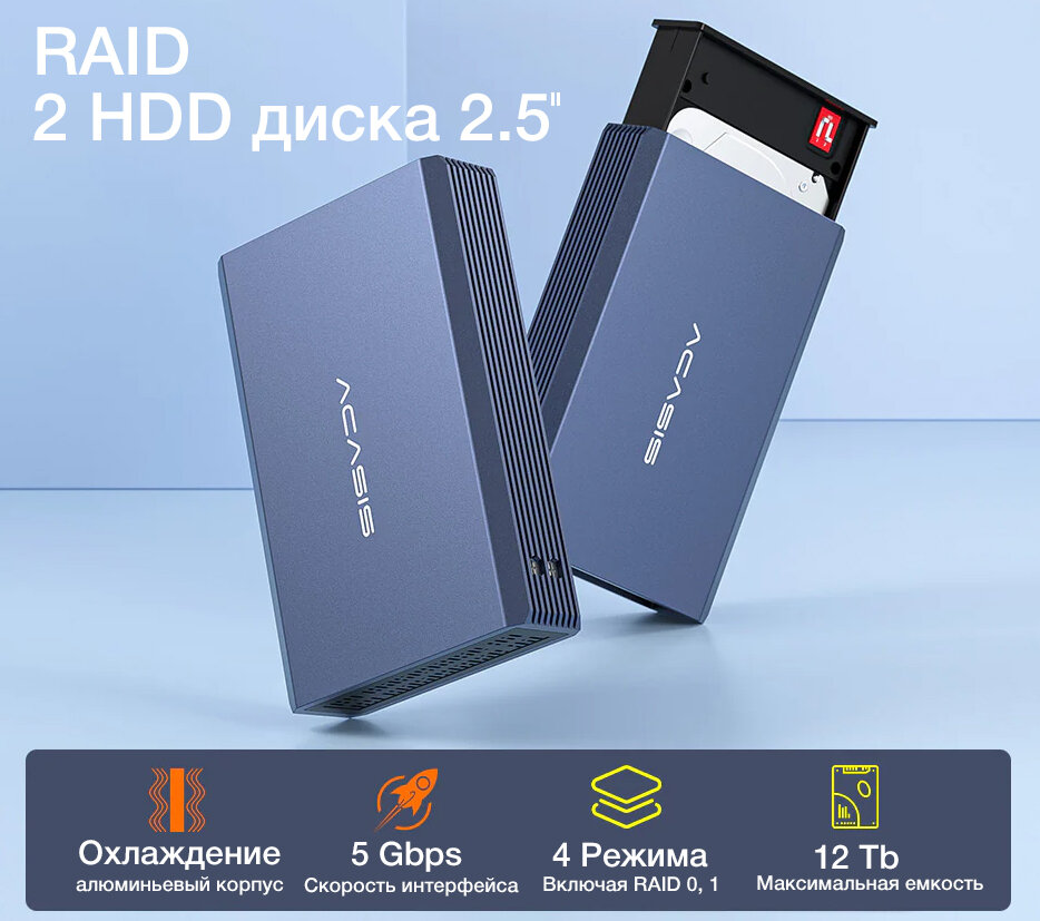 Внешний бокс для 2х накопителей 2.5" ACASIS Dual Bay Alum USB Type-C SATA (до 16 Tb, RAID 0, 1, SPAN, 5 Gbps)