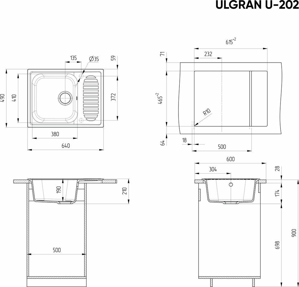 Врезная кухонная мойка 64х49см, Ulgran U-202, матовое 342 Графитовый - фотография № 15