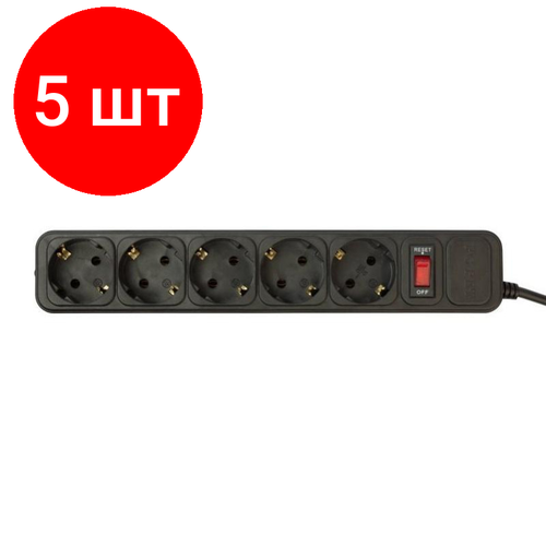 Комплект 5 штук, Сетевой фильтр PC Pet AP01006-5-B 5м (5 розеток) черный (пакет ПЭ)