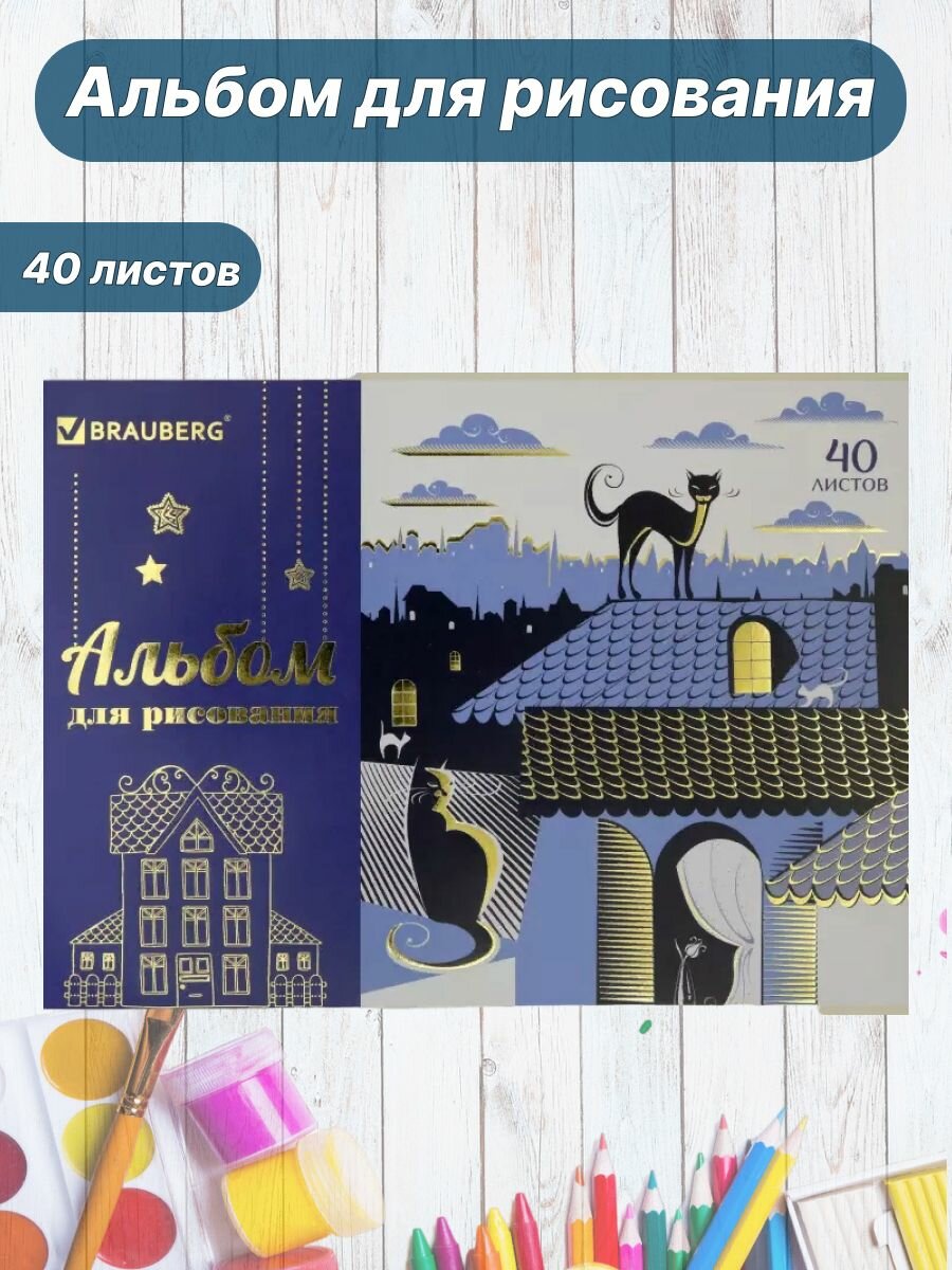 Альбом для рисования в школу 40 л - синий (Котики на крыше)