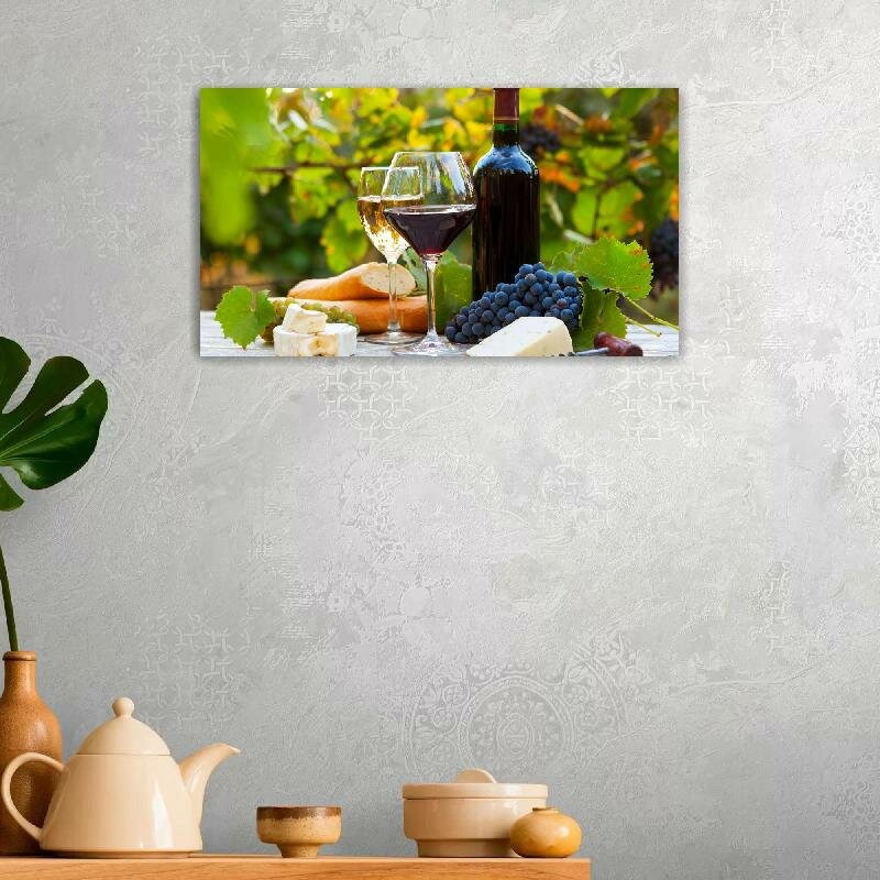 Картина на холсте 60x110 LinxOne "Бокалы вино штопор сыр" интерьерная для дома / на стену / на кухню / с подрамником